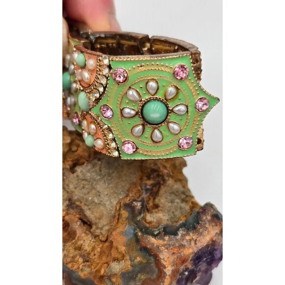 Vintage Enamel Panel Stretch Bracelet Mint Green Peach Costume Jewelry - Picture 2 of 8